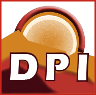 DPI Favicon, illustrated logo with orange and red mountains and letters reading "DPI"