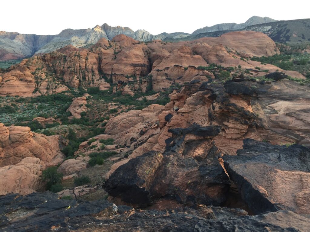 Red Rock in Southern Utah with green plants and massive swaths of darkened black fire damage and soot on the red rock from a recent fire.