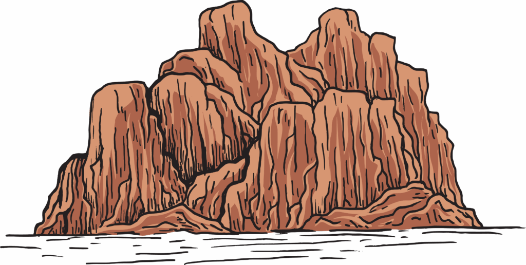 Hand Drawn asset of red rock mountain, multiple craggy levels with white foreground