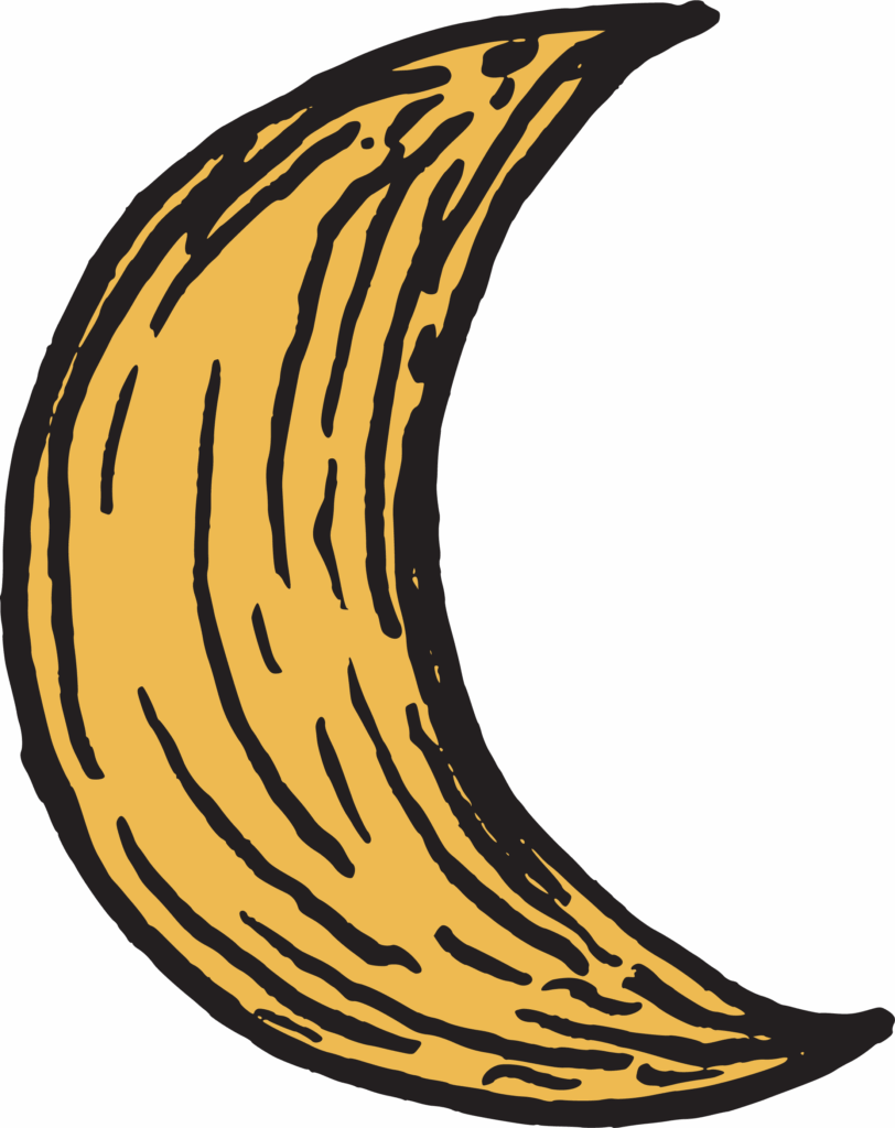 Hand drawn crescent moon asset. Yellow with black linework, reminiscent of a wood block etching style.