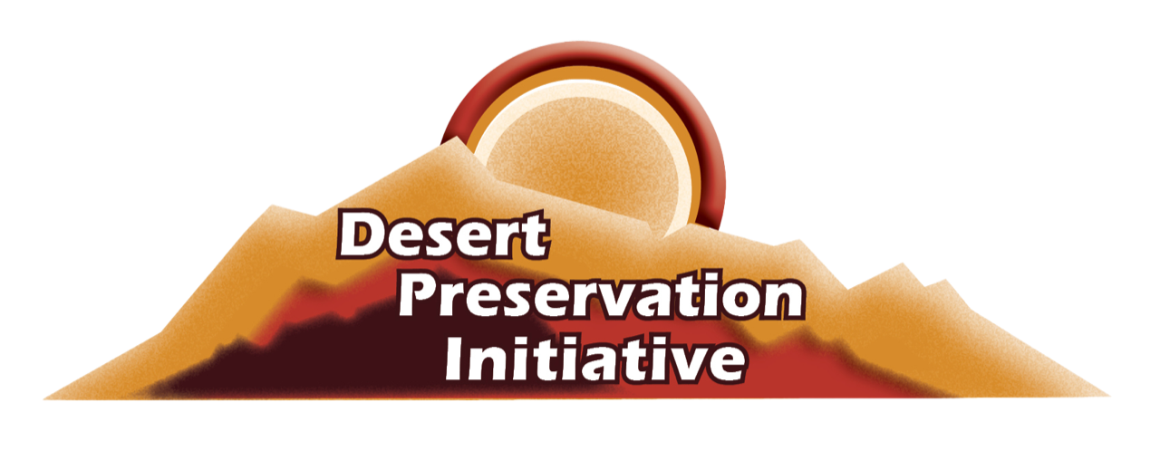 Desert Preservation initiative, illustrated orange and red mountain logo with sun peaking over mountain peaks